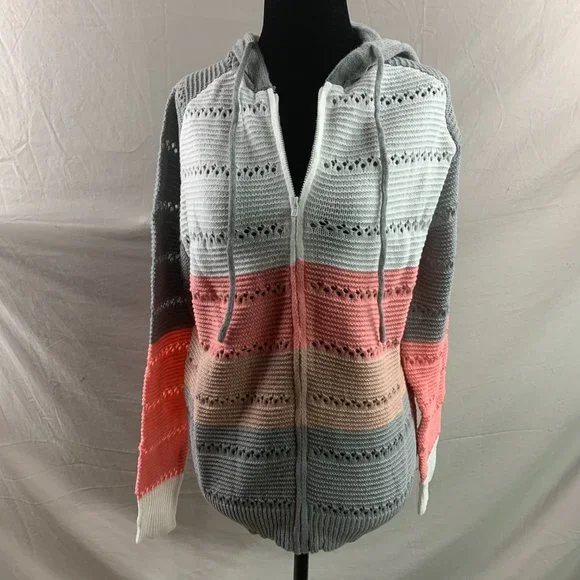 Pointelle Knit Drawstring Zip Hooded Cardigan - Picture 8 of 8